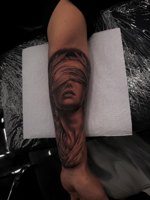 Black-and-grey portrait tattoo of a blindfolded woman on a forearm